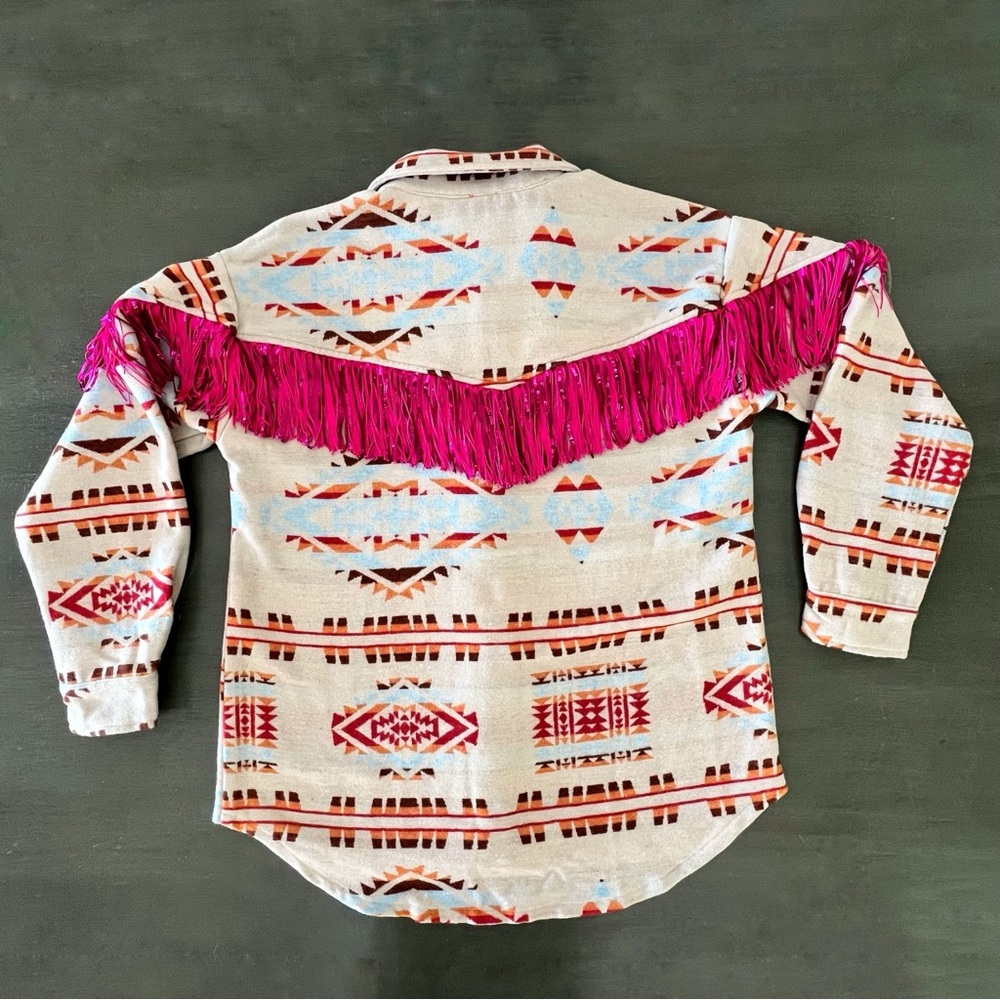 New blue b Tan Blue Orange Hot Pink Fringe Aztec Print Western Jacket Shacket - Picture 5 of 5